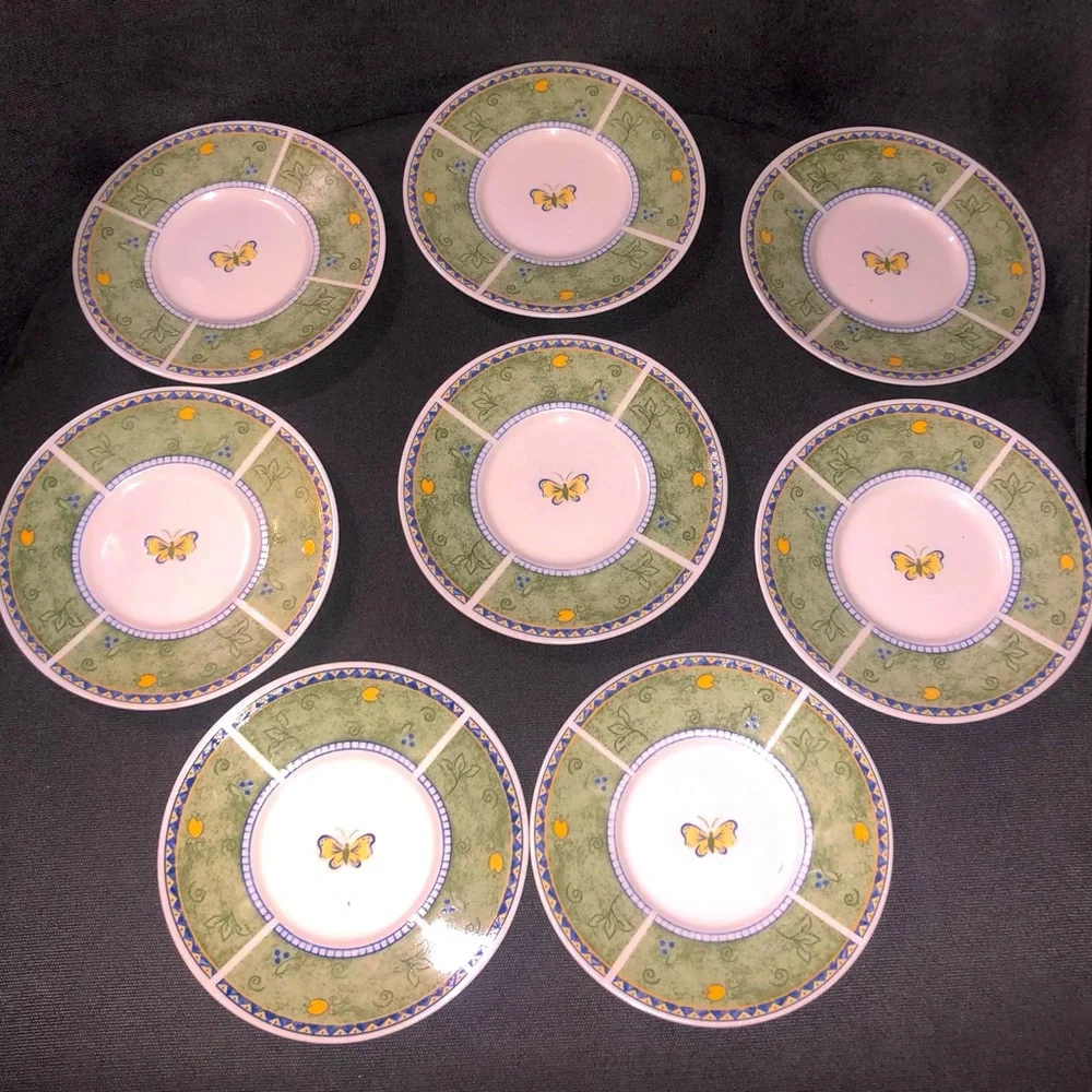 Vintage Papillon Blanc Green and Yellow Butterfly Dessert/Saucer Plate~Set of 8